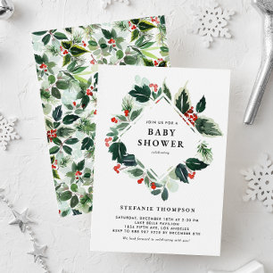 Winterberry and Holly Greenery Baby Shower Invitation