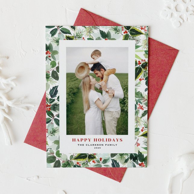 Winterberry and Variegated Leaves Pattern Photo Holiday Card (Customizable photo holiday card featuring watercolor pattern of holly and variegated greenery)