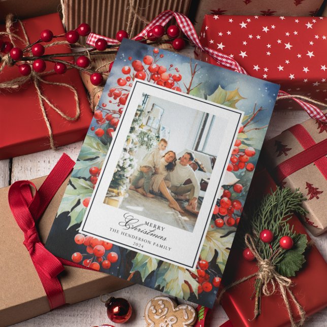Winterberry Botanical Watercolor Christmas Photo Holiday Card (Creator Uploaded)