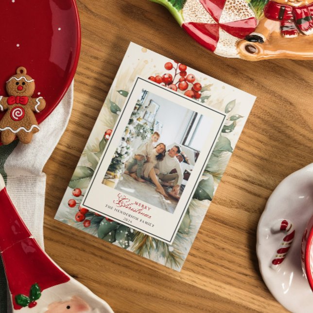 Winterberry Botanical Watercolor Christmas Photo Holiday Postcard (Creator Uploaded)