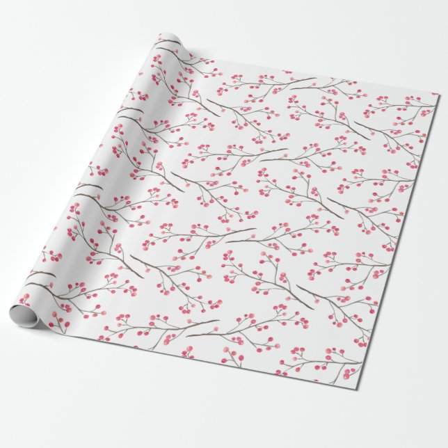Winterberry Branch Red Berries Watercolor Holiday Wrapping Paper (Unrolled)