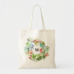 Winterberry Holly and Juniper Christmas Monogram Tote Bag