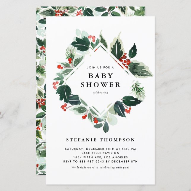 Winterberry Holly Greenery Baby Shower Invitation (Front/Back)