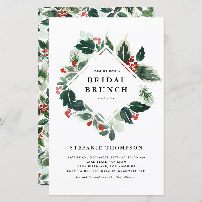Winterberry Holly Greenery Bridal Brunch Invite (Front/Back)