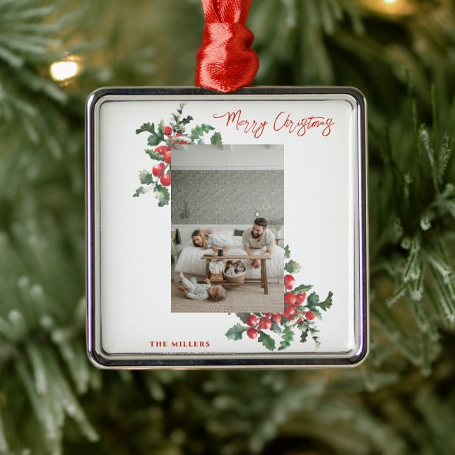 Winterberry Holly | Merry Christmas | Family Photo Metal Tree Decoration (Tree)