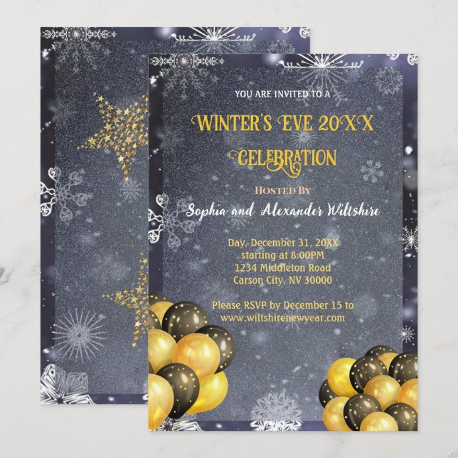 Winter's Eve Gold & Black Celebration Invitation (Front/Back)