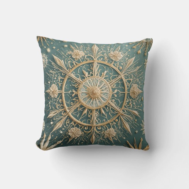 Winter's Golden Embrace: A Snowflake Serenade Cushion (Front)