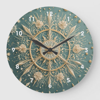Winter's Golden Embrace: A Snowflake Serenade Large Clock