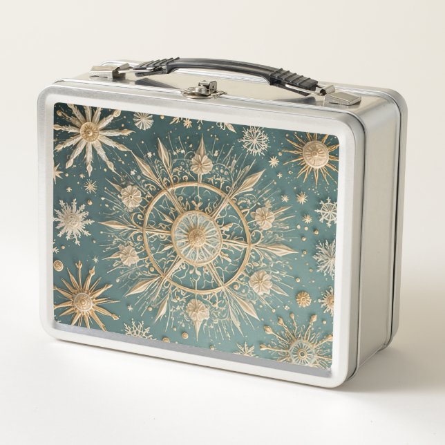 Winter's Golden Embrace: A Snowflake Serenade Metal Lunch Box (Front)