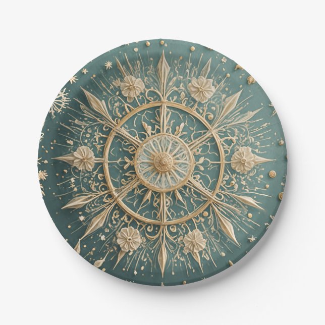 Winter's Golden Embrace: A Snowflake Serenade Paper Plate (Front)