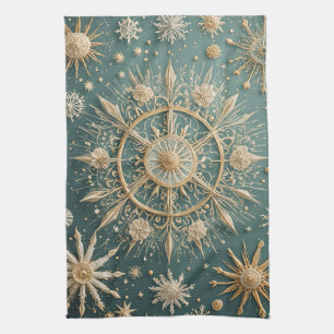Winter's Golden Embrace: A Snowflake Serenade Tea Towel