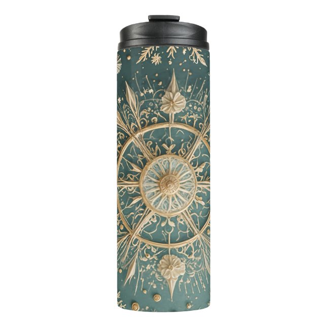 Winter's Golden Embrace: A Snowflake Serenade Thermal Tumbler (Front)
