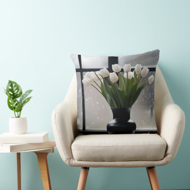 "Winter's Grace: White Tulips in a Black Vase Cushion (Chair)