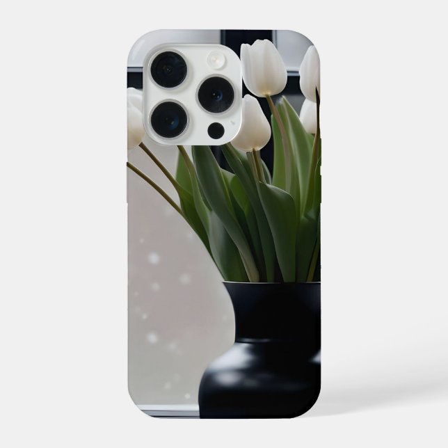 "Winter's Grace: White Tulips in a Black Vase iPhone Case (Back)