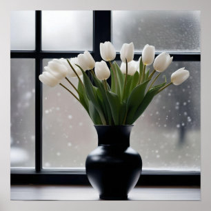 "Winter's Grace: White Tulips in a Black Vase Poster