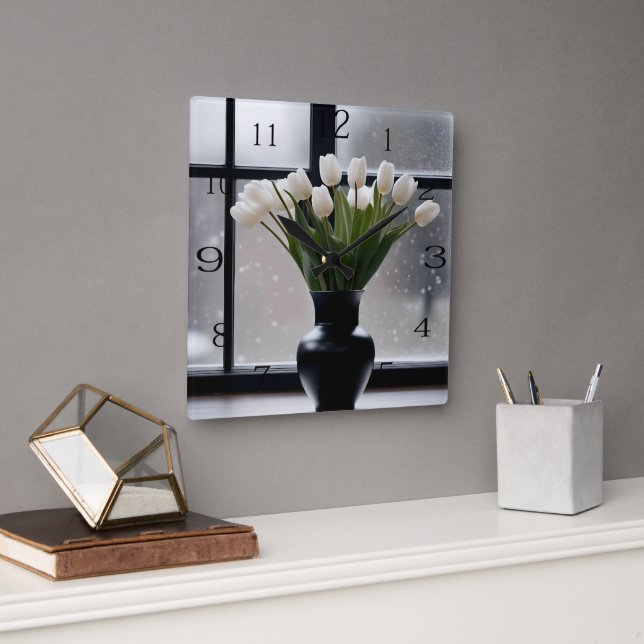 "Winter's Grace: White Tulips in a Black Vase Square Wall Clock (Office)
