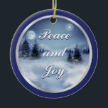 Winter's Night Ceramic Tree Decoration<br><div class="desc">Round ceramic ornament with an image,  on both sides,  of a beautiful winter night with a luminous full moon and a starlit sky on navy blue. silver border. Customisable holiday sentiment. See matching pewter snowflake ornament. See the entire Hanukkah Ornament collection under the HOME category in the HOLIDAYS section.</div>