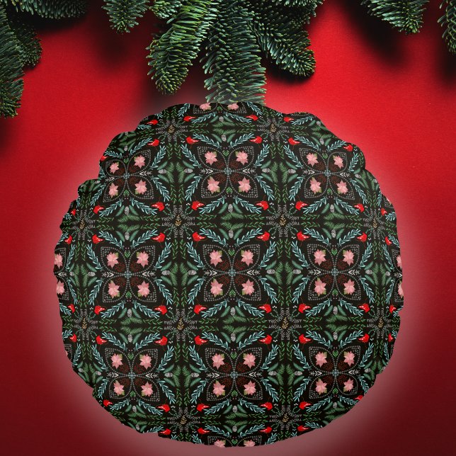 Winters Snowflakes, Poinsettias, Cardinals  Round Cushion (Creator Uploaded)