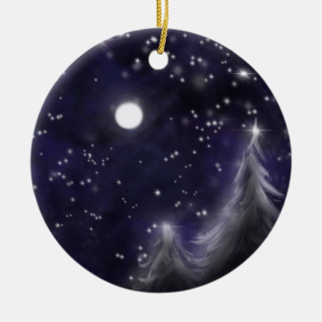 Winters starry night - romantic Holiday snow scene Ceramic Tree Decoration (Front)
