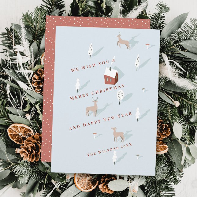 Winterscape Red House & Deer Light Blue Christmas Holiday Card (Creator Uploaded)
