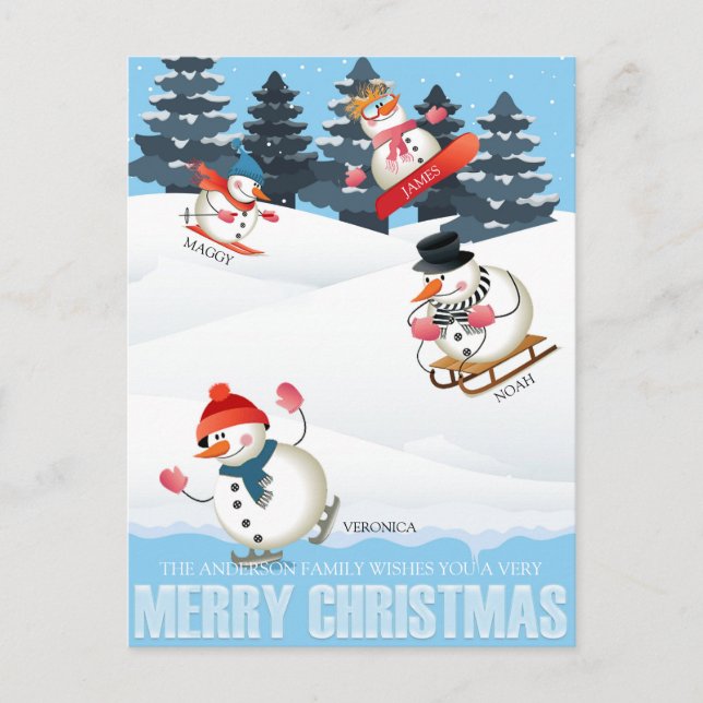 Wintersport Snowmen Illustration Christmas Holiday Postcard (Front)