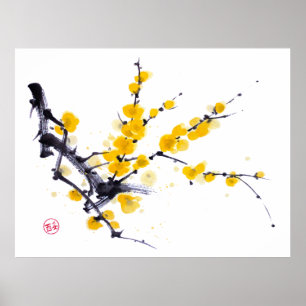Wintersweet sumie ink and watercolor painting poster