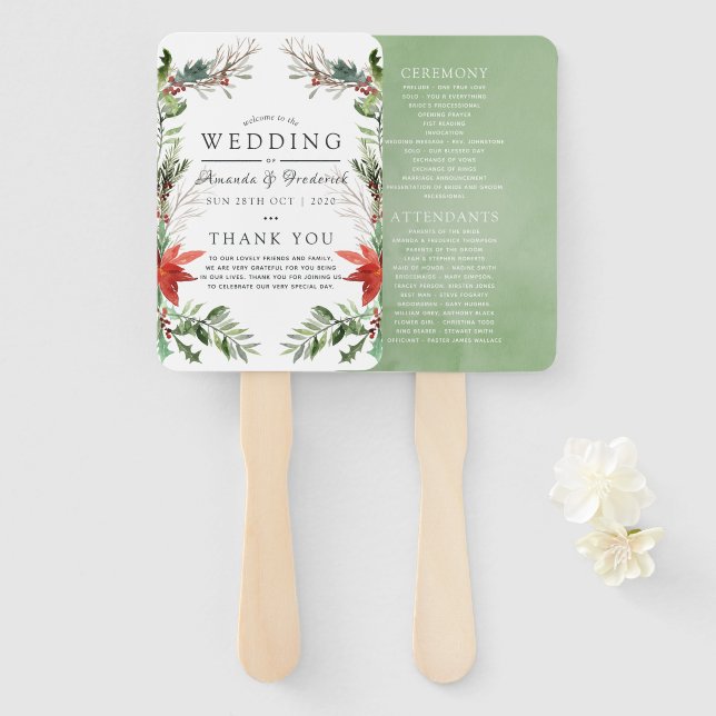 Wintertide Woodland Christmas Wedding Program Hand Fan (Front and Back)