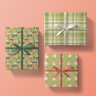 Wintery Christmas Town, Santa, Frosty, Green Plaid Wrapping Paper Sheet