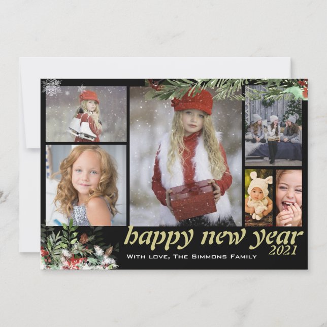 Wintery Foliage Happy New Year Family 6 Photos Holiday Card (Front)