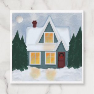 Wintery house,Christmas trees on a favour tag