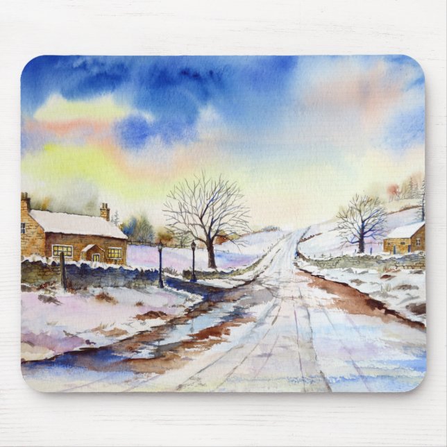 Wintery Lane Watercolor Landscape Painting Mouse Pad (Front)