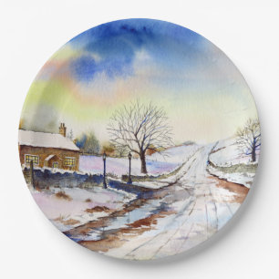 Wintery Lane Watercolor Landscape Painting Paper Plate