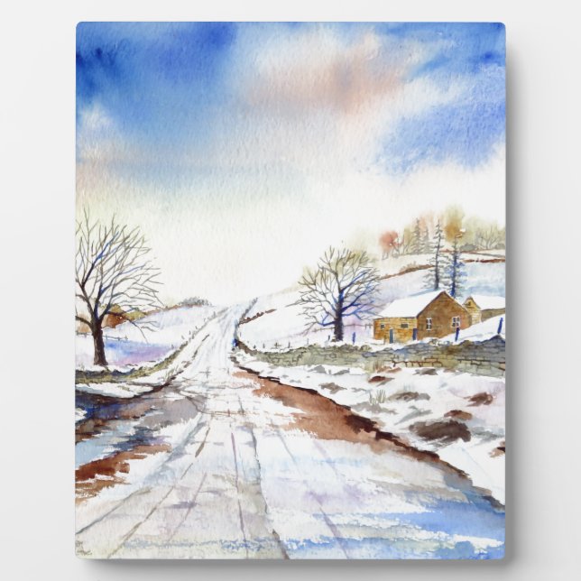 Wintery Lane Watercolor Landscape Painting Plaque (Front)