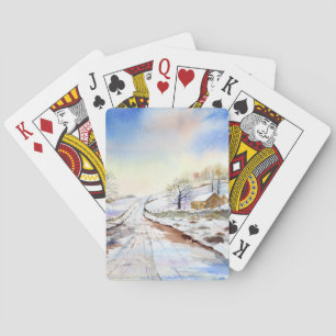 Wintery Lane Watercolor Landscape Painting Playing Cards