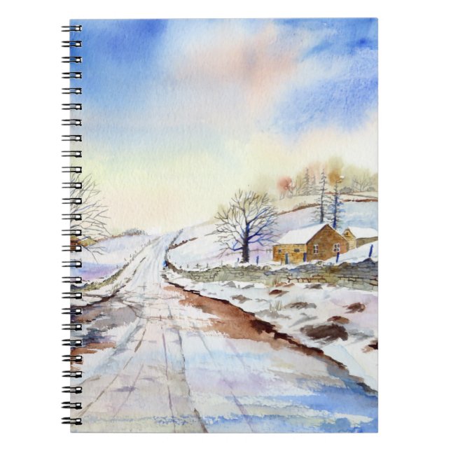 Wintery Lane Watercolor Landscape Painting Spiral Notebook (Front)