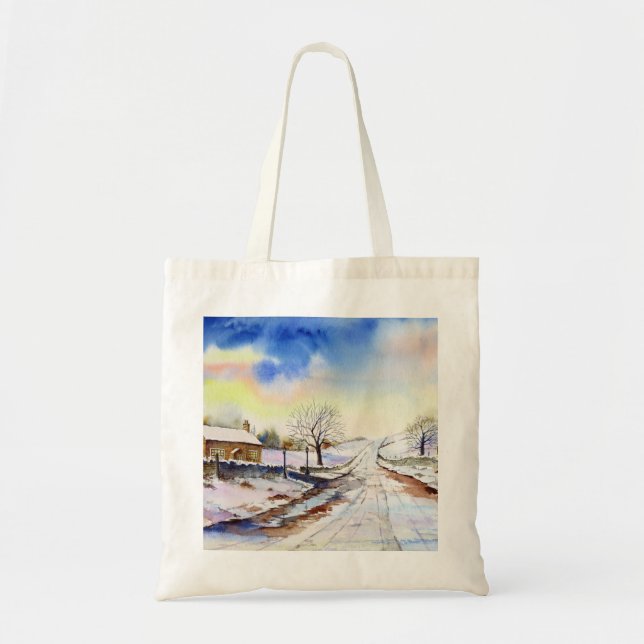 Wintery Lane Watercolor Landscape Painting Tote Bag (Front)