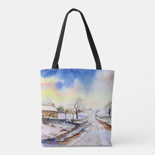 Wintery Lane Watercolor Landscape Painting Tote Bag (Back)