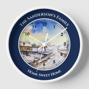 Wintery Lane Watercolor with Roman Numbers Large C Clock