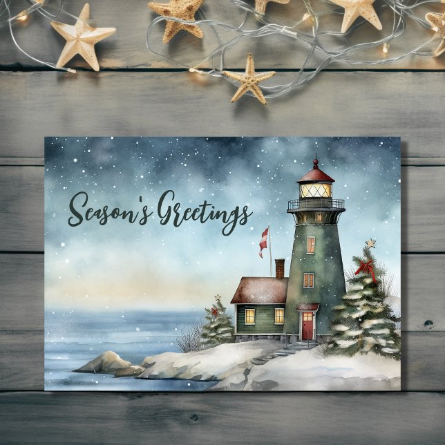 Wintery Lighthouse Season's Greetings Christmas Holiday Card (Front - Wintery Lighthouse Season's Greetings Christmas Holiday Card)