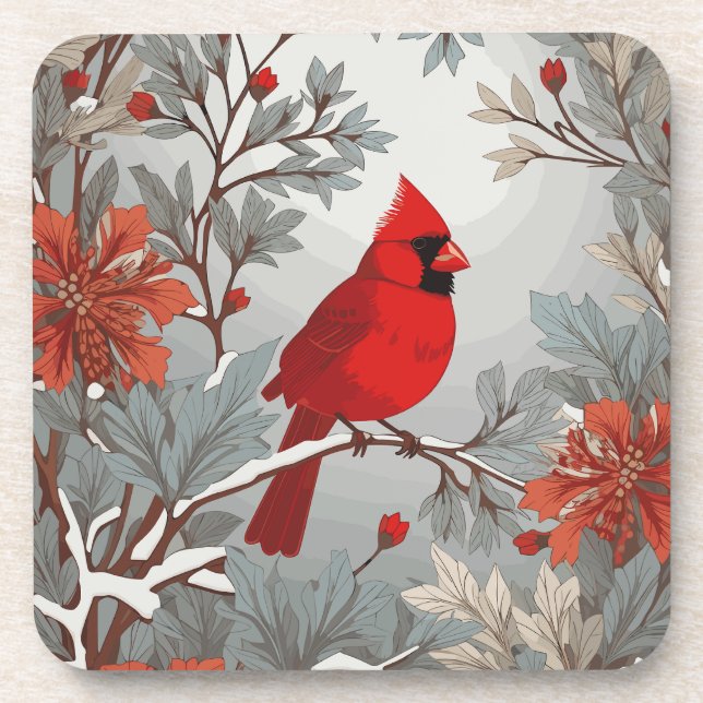 Wintery Red Cardinal Bird  Coaster (Front)