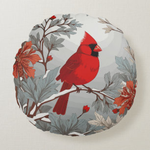 Wintery Red Cardinal Bird Round Cushion