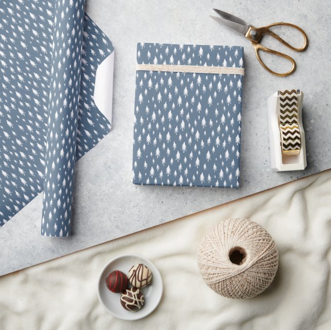Wintry Blue & White Tiny Trees Holiday Pattern Wrapping Paper (Crafts)