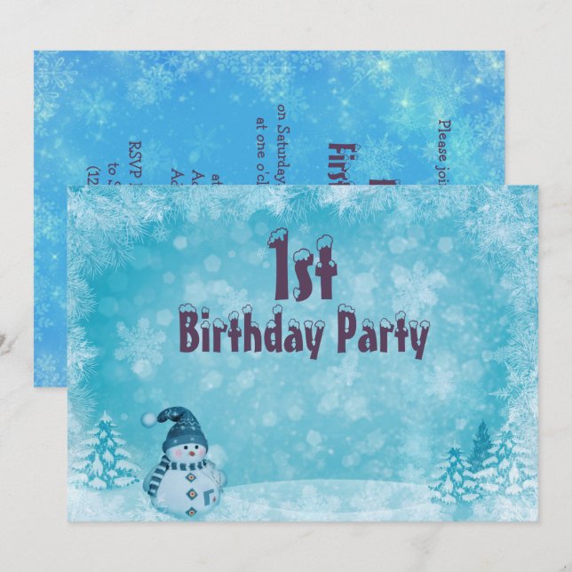 Wintry Snowman's Christmas Scenery 1st Birthday Invitation (Front/Back)