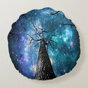 Wintry Trees Turquoise Teal Galaxy Skies Round Cushion