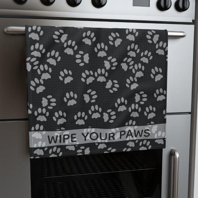 Wipe Your Paws Black Cat Paw Print Kitchen Towel (Wipe your paws! You can change the text to your name)