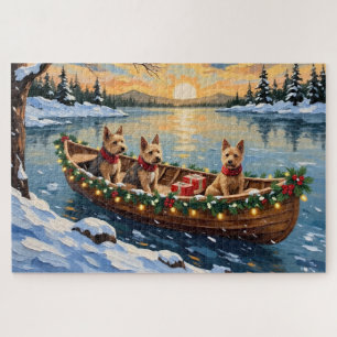 Wire Fox Terrier Christmas Boat Holiday Jigsaw Puzzle