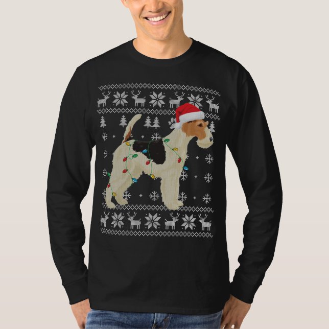 Wire Fox Terrier Christmas Ugly Lights Santa Hat D T-Shirt (Front)