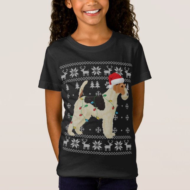 Wire Fox Terrier Christmas Ugly Lights Santa Hat D T-Shirt (Front)