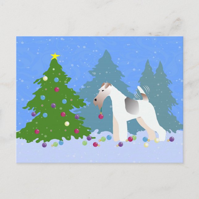Wire Fox Terrier Decorating Christmas Tree -Forest Holiday Postcard (Front)