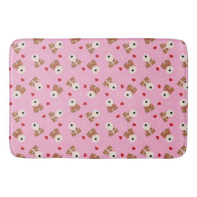 Wire Fox Terrier Dog Heart Glasses Pattern Pink Bath Mat (Front)